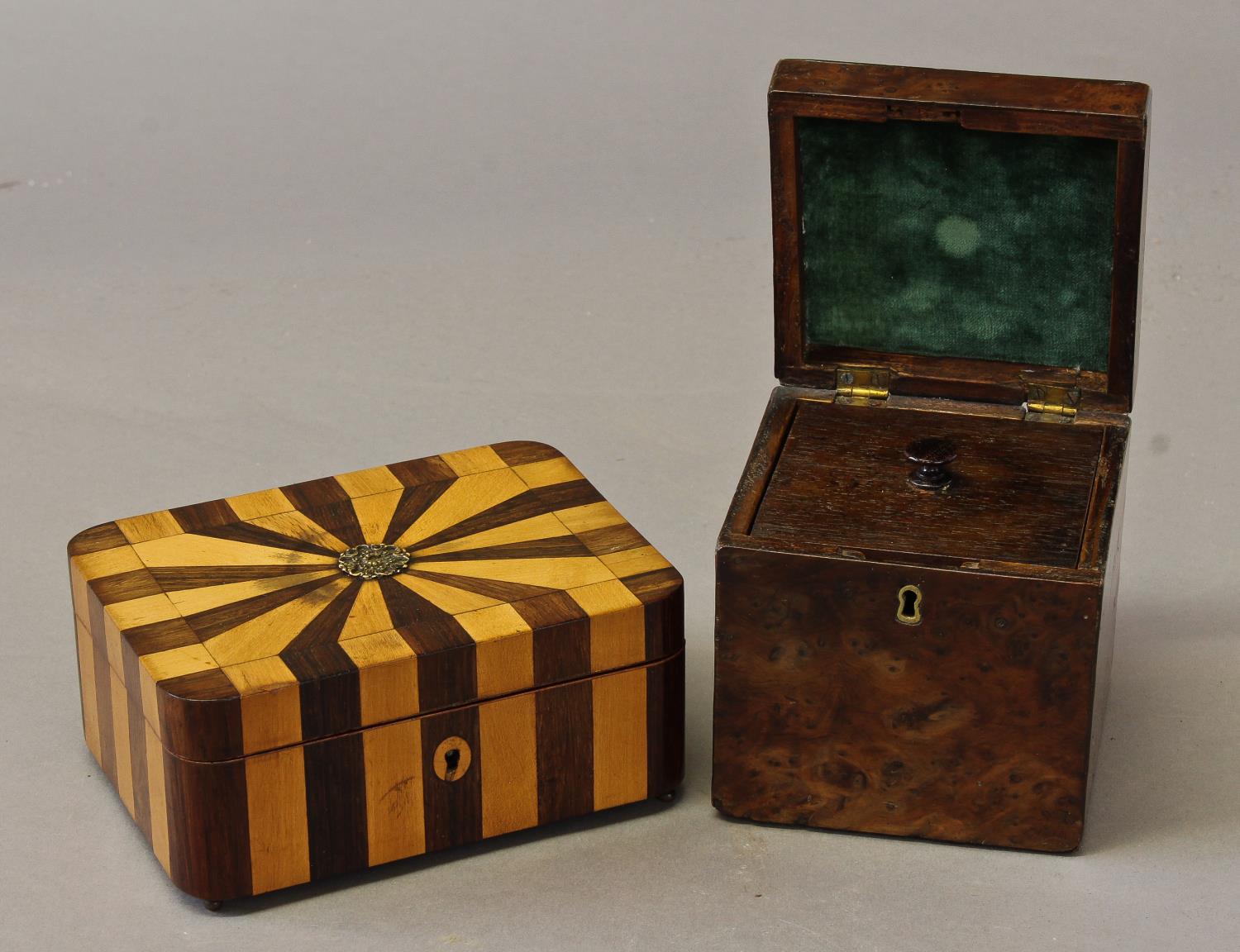 A NINETEENTH CENTURY FRENCH JEWELLERY OR STATIONERY BOX AND ANOTHER, The French box with radiating