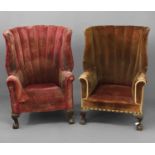 A PAIR OF GEORGE III STYLE BARREL-BACKED UPHOLSTERED ARMCHAIRS, each with curved high backs and
