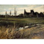 FOLLOWER OF CHARLES FRANCOIS DAUBIGNY (1817-1878) FIELDS ON THE OUTSKIRTS OF A VILLAGE Oil on canvas