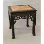 A CHINESE HARDWOOD LOW TABLE WITH MARBLE TOP, the square topped table with a rose marble centre