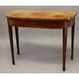 A GEORGE III MAHOGANY FOLD TOP CARD TABLE, the 'D' shaped top with satinwood stringing enclosing a