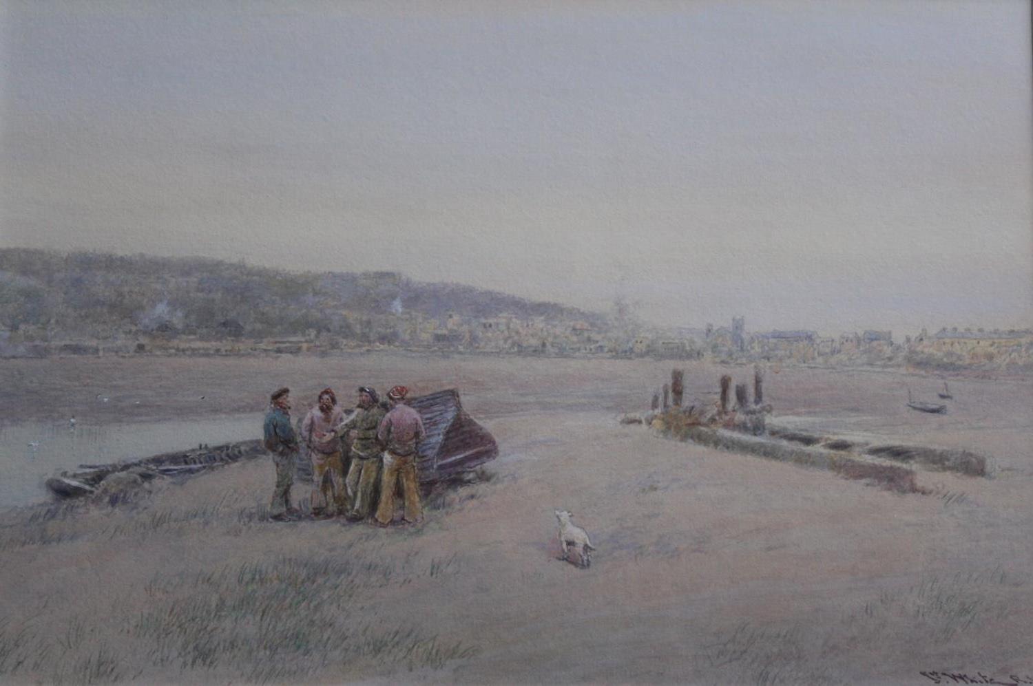 JOHN WHITE (1851-1933) THE FISHERMEN'S CHAT Signed, watercolour and bodycolour 17.5 x 26cm. ++