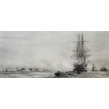 WILLIAM LIONEL WYLLIE, RA (1851-1931) HMS `VICTORY` IN PORTSMOUTH HARBOUR Etching, signed in