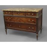 A LOUIS XVI MAHOGANY AND BRASS MOUNTED CHEST OF DRAWERS, with a fine variegated marble top with