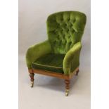 A REGENCY ROSEWOOD UPHOLSTERED LIBRARY CHAIR, with button upholstered back and low arms above a