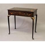 AN EDWARDIAN SIDE TABLE WITH PAINTED DECORATION, the rectangular top with an oval leather writing