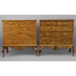 A NEAR PAIR OF QUEEN ANNE STYLE CHESTS ON STANDS, each chest with a quarter veneered burr walnut top