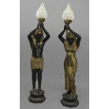 A PAIR OF REGENCY STYLE EGYPTIAN REVIVAL LAMPS, each patinated and gilt in the form of Egyptian
