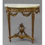 AN ENGLISH LOUIS XVI STYLE MARBLE TOPPED CONSOLE TABLE, the 'D' shaped white marble top on a