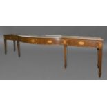 A LARGE GEORGE III MAHOGANY SERVING TABLE, with a broad bow fronted top above a frieze inlaid with