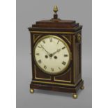 A REGENCY MAHOGANY AND BRASS CASED BRACKET CLOCK, with a 20cm convex white enamelled dial with Roman