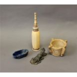 AN INDIAN IVORY FLASK, STONE MORTAR AND OTHER ITEMS. An Indian ivory flask or bottle of tapering