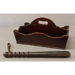 A VICTORIAN MAHOGANY CUTLERY BOX AND OTHER ITEMS. the knife box with pierced handle, two divisions