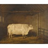WILLIAM LUKER (1828-1905) A SHORTHORN COW IN A BYRE Signed and dated 1845, oil on canvas 62 x