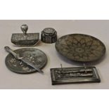 AN EXTENSIVE BIDRI WARE DESK SET, comprising blotter, pen stand, letter opener, lidded inkwell,