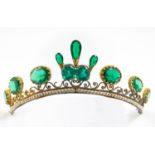A PASTE SET TIARA mounted with green paste stones in gilt metal, the centre 4.5cm high