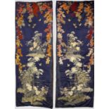 PAIR OF LARGE JAPANESE SILK WALL HANGINGS late 19thc, two very similar large dark blue silk wall