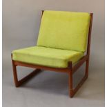 FF CAFFRANCE - DANISH DESIGNER CHAIR a teak low chair with shaped top rail and struts, with two lime
