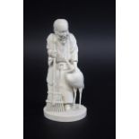 IVORY OKIMONO OF AN ELDERLY MAN & CRANE - SIGNED, a Meiji period figure of a bearded gentleman