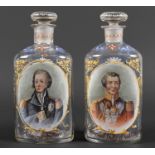 PAIR OF BOHEMIAN DECANTERS - NELSON & WELLINGTON a pair of continental glass decanters painted