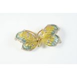 A DIAMOND AND ENAMEL BUTTERFLY BROOCH mounted with yellow and turquoise enamel and circular-cut