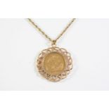 A GOLD SOVEREIGN 1892, in a gold pendant mount and on a 9ct gold chain, total weight 21.2 grams