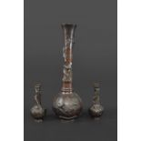 LARGE JAPANESE BRONZE VASE Meiji period with a long slender neck and globular body, the neck with