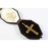 A GOLD CRUCIFORM PENDANT with openwork lattice decoration, 4.5 x 3.5cm In fitted case by C.