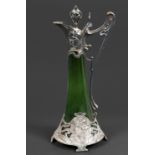 WMF ART NOUVEAU CLARET JUG a pewter claret jug with hinged stopper, tapering green glass body and