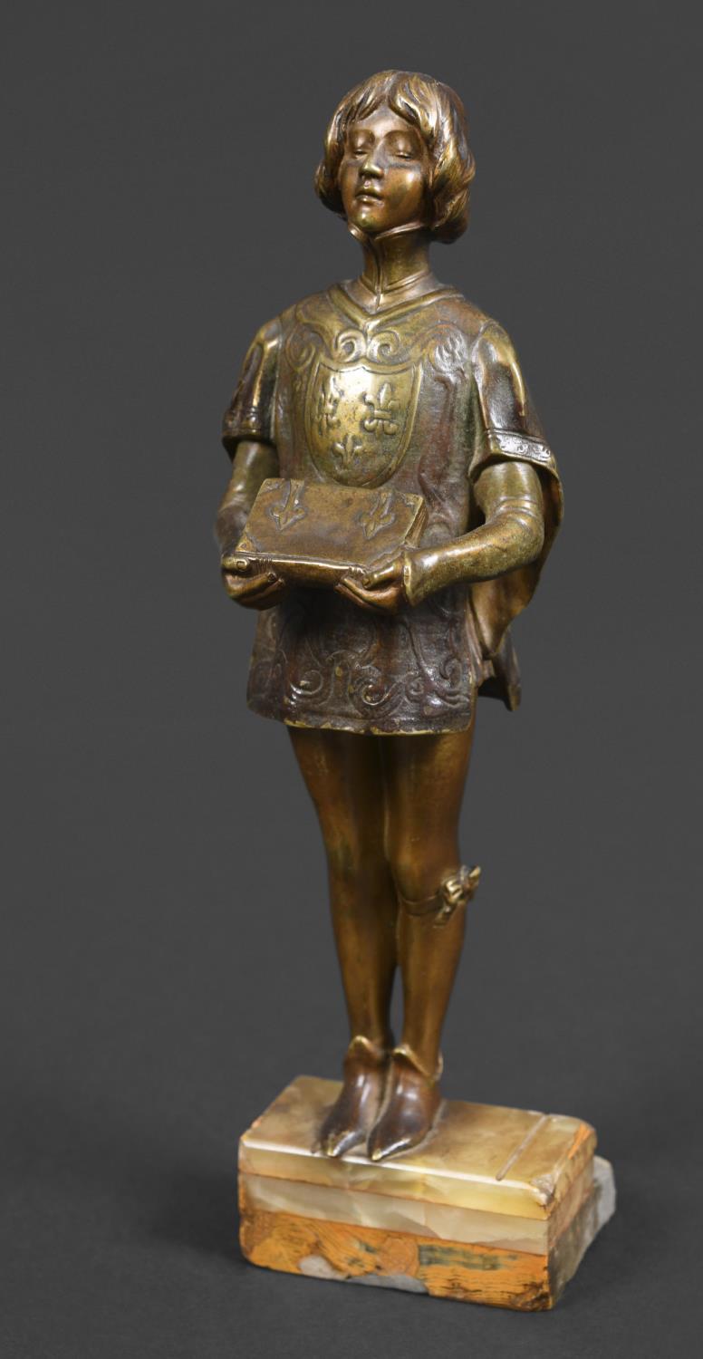 FRIEDRICH GOLDSCHEIDER BRONZE a small bronze figure of a boy in a Court uniform, and holding a