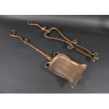 ARTS & CRAFTS FIRE IRONS including a large copper hand beaten shovel, with exposed rivets and