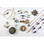 A QUANTITY OF JEWELLERY including a silver dolphin bangle, a citrine two stone brooch, a paste set