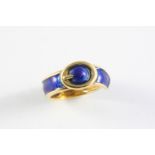 AN ENAMEL AND GOLD BUCKLE RING BY KUTCHINSKY with royal blue guilloche enamel, signed Kutchinsky