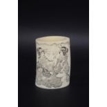 JAPANESE CARVED IVORY TUSK VASE late 19thc, carved with female figures in conversation including one