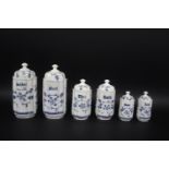 DUTCH POTTERY STORAGE JARS six pottery blue and white kitchen storage jars of various sizes, each