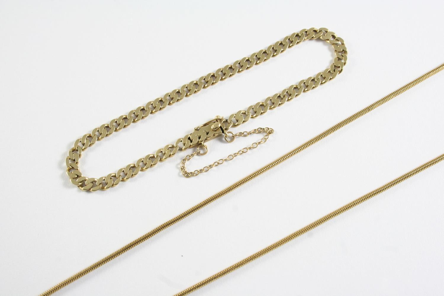 A 14CT GOLD SNAKE LINK CHAIN NECKLACE 57cm long, 9.1 grams, together with a 9ct gold flat curb