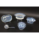 PEARLWARE BASKET a early 19thc basket with a blue and white transfer printed design to the