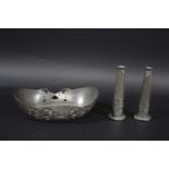 LIBERTY TUDRIC VASES a pair of slender pewter vases designed with seed pods and branches, Pattern No
