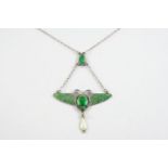 AN ART NOUVEAU ENAMEL AND SILVER SCARAB PENDANT BY CHARLES HORNER with green and white enamel