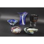 CHRIS THORNTON - ART GLASS a hand blown vase, mostly in blue with swirls of other colours and