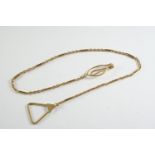 A 9CT GOLD WATCH CHAIN formed with long and short gold links, 39cm long, 18.2 grams