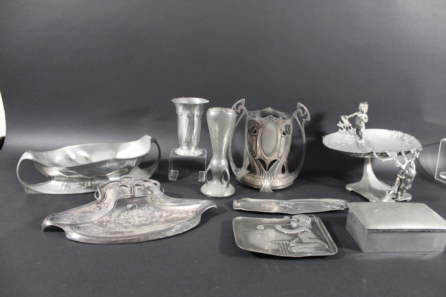 WMF ART NOUVEAU INKSTAND & OTHER ART NOUVEAU PEWTER including a WMF pewter inkstand with floral
