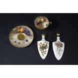 ROYAL WORCESTER SCENT BOTTLES one painted with a Butterfly and foliage, the other painted with