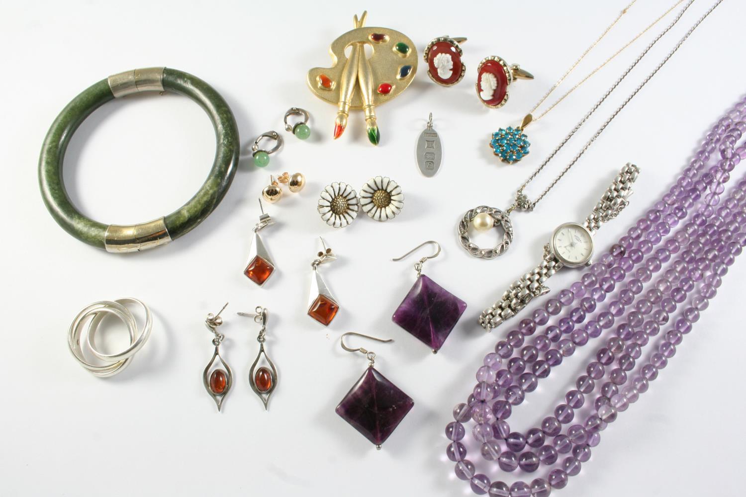 A QUANTITY OF JEWELLERY including an amethyst bead necklace, a silver wristwatch by Rotary, a pair