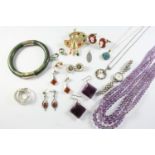 A QUANTITY OF JEWELLERY including an amethyst bead necklace, a silver wristwatch by Rotary, a pair
