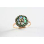 A 19TH CENTURY DIAMOND, EMERALD AND OPAL CLUSTER RING the central cushion-shaped diamond set