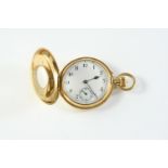 AN 18CT GOLD HALF HUNTING CASED FOB WATCH the white enamel dial with Arabic numerals and