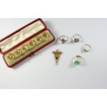 A QUANTITY OF JEWELLERY including a cased set of citrine and opal dress buttons, a sapphire and