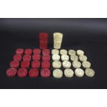 19THC CHINESE IVORY DRAUGHTS & DICE SHAKERS a set of Chinese export ivory and red stained ivory