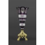 LARGE BOHEMIAN PURPLE GLASS VASE & METAL STAND an unusually large purple and clear glass vase of